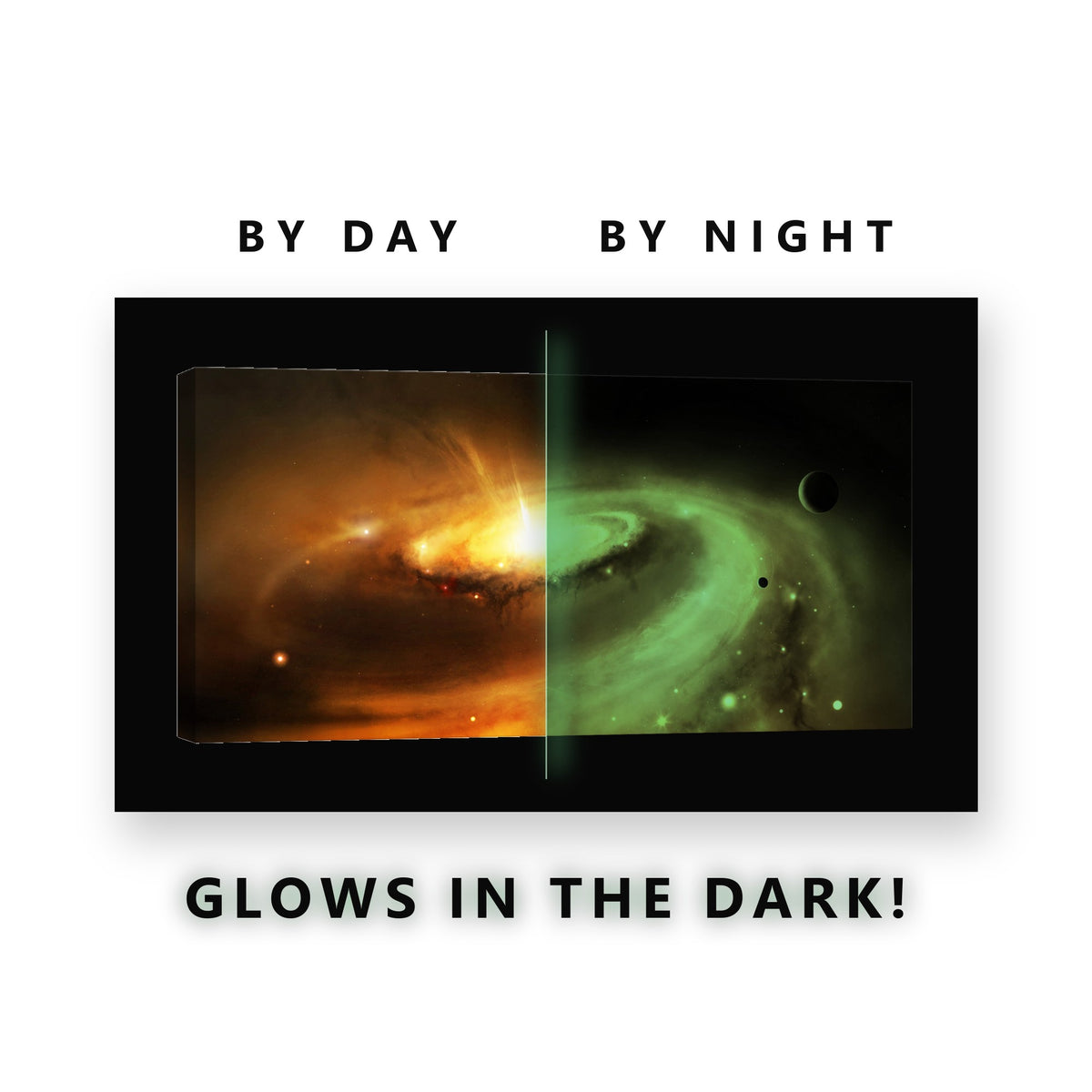 Golden Spiral Galaxy Glow in the Dark Canvas Wall Art for Living Room, glowing at night