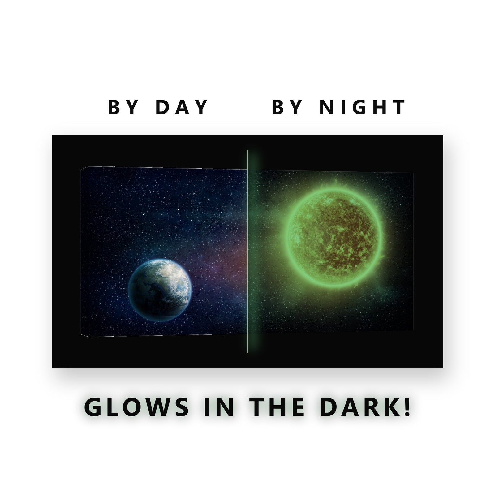 Earth and the Sun Glow in the Dark Canvas Wall Art for Living Room, glowing at night