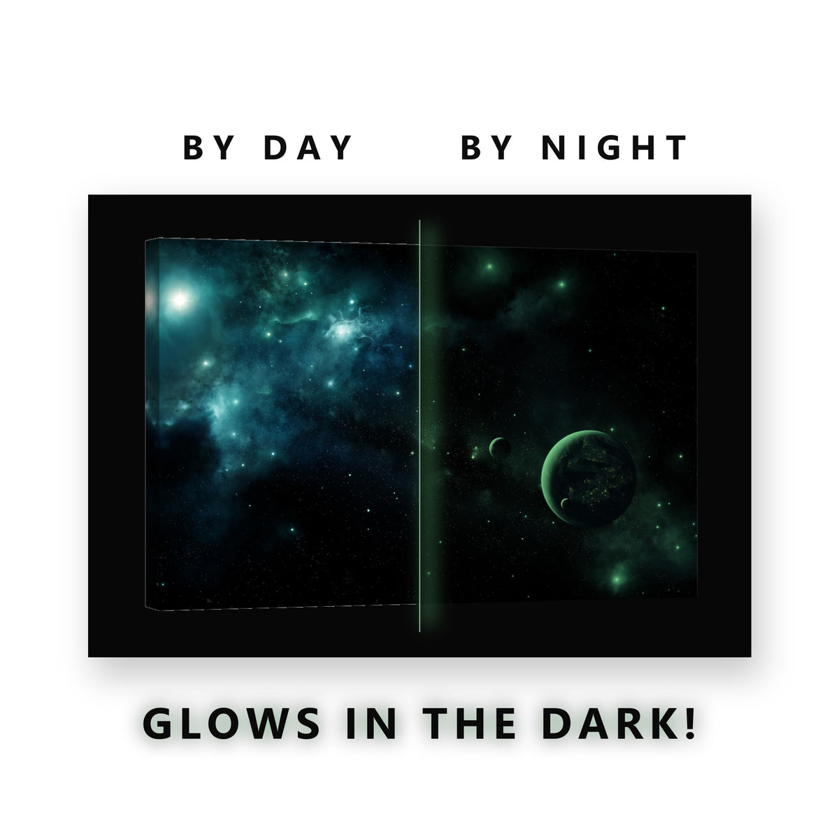 Teal Nebula and Distant Planet Glow in the Dark Canvas Wall Art Bedroom, glowing at night