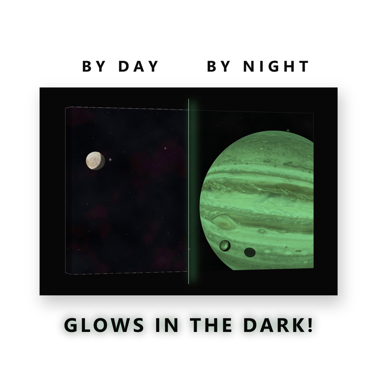 Jupiter and Its Moons Glow in the Dark Canvas Wall Art for Kids Room, glowing at night
