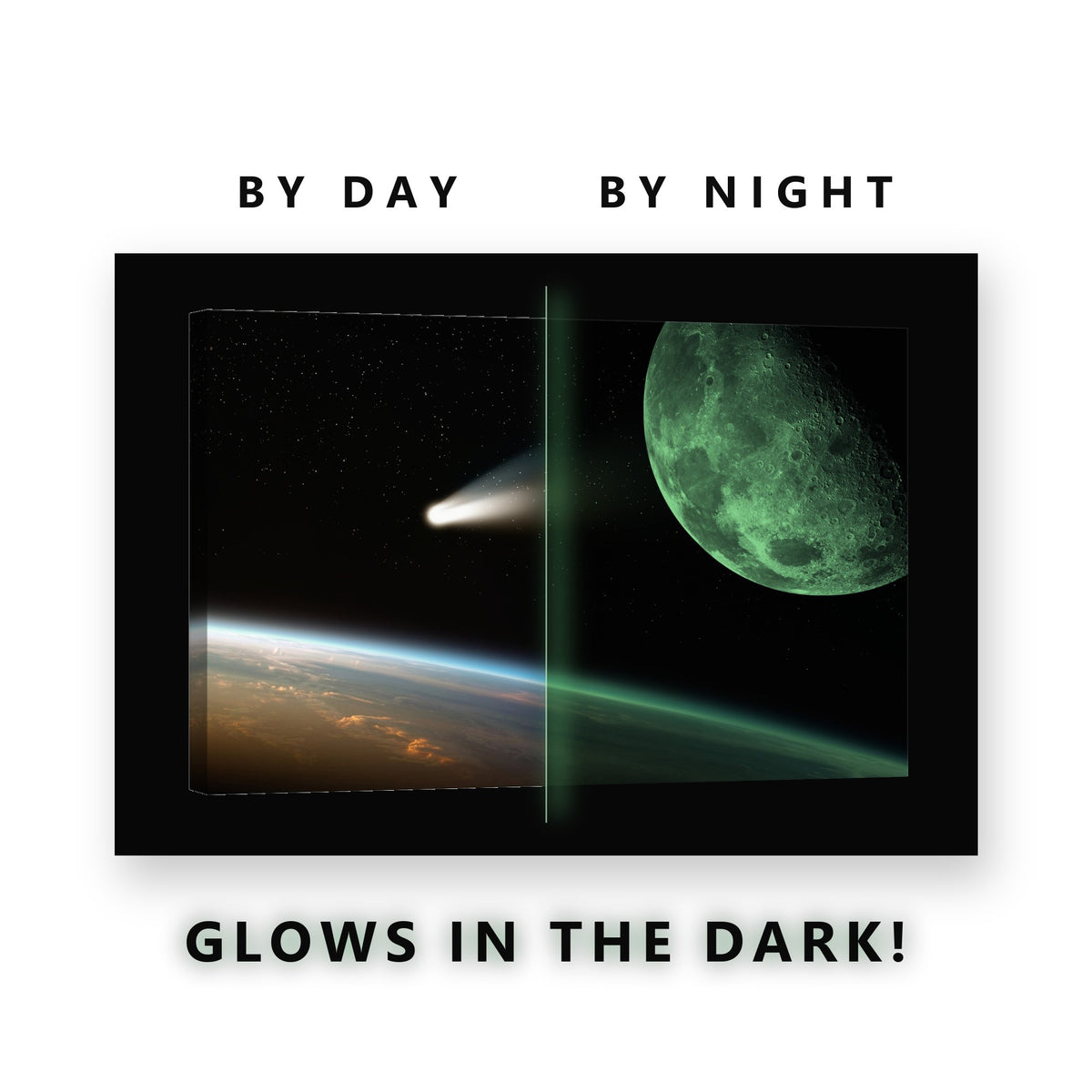 Comet Passing the Moon Glow in the Dark Canvas Wall Art for Kids Room, glowing at night