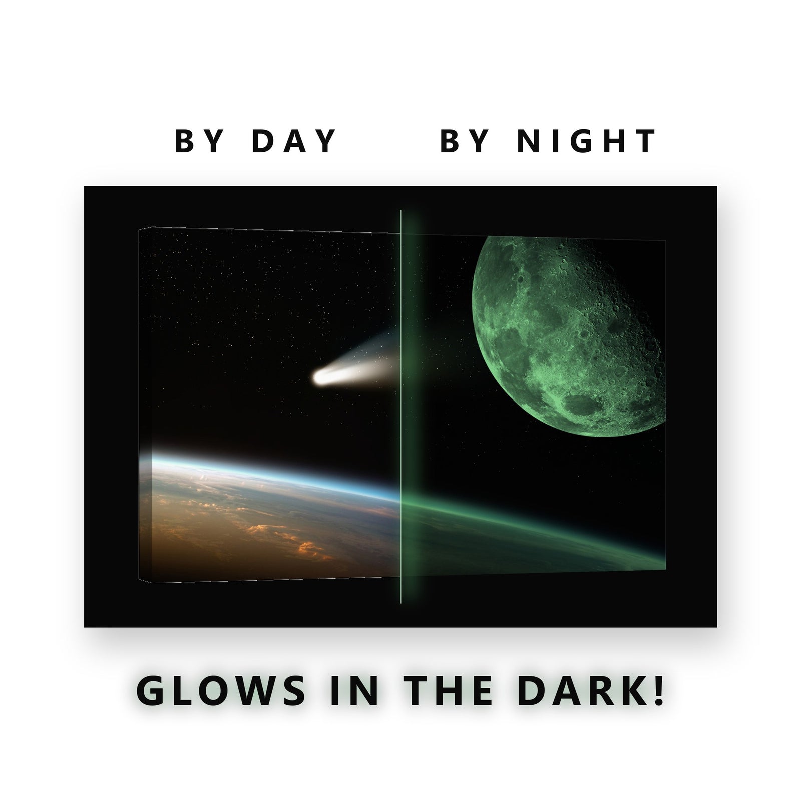Comet Passing the Moon Glow in the Dark Canvas Wall Art for Kids Room, glowing at night