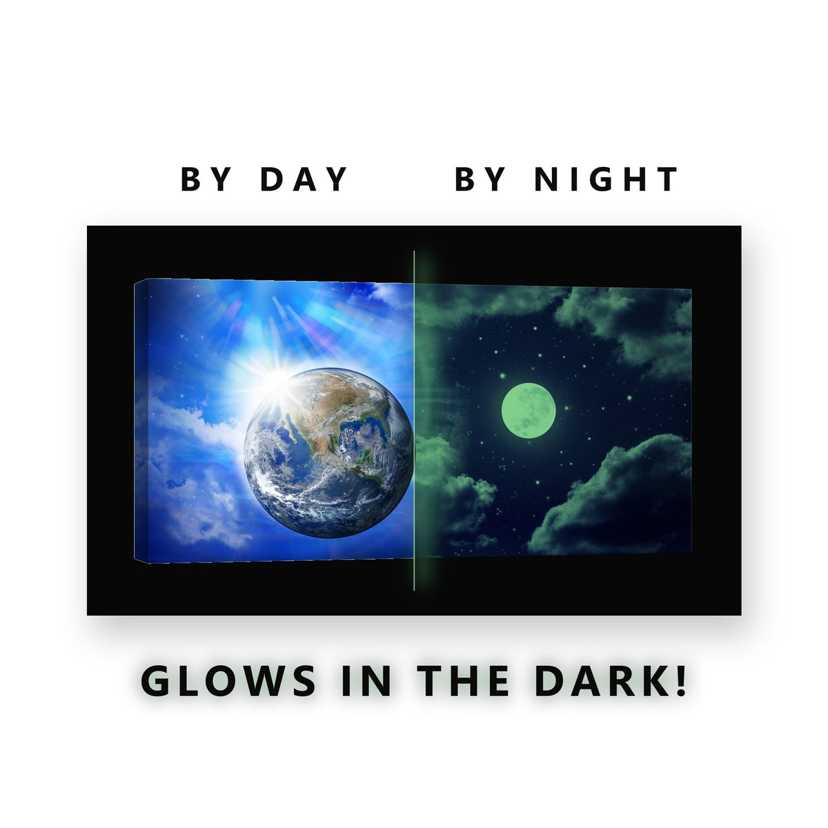Earth Moon and Sunburst Glow in the Dark Canvas Wall Art for Kids Room, glowing at night