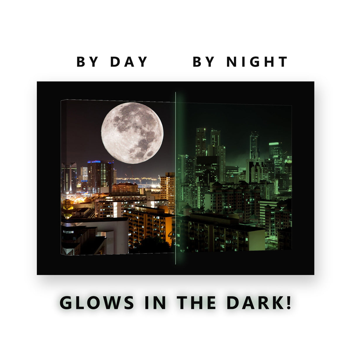 Giant Moon Over the City Glow in the Dark Canvas Wall Art Living Room, glowing at night