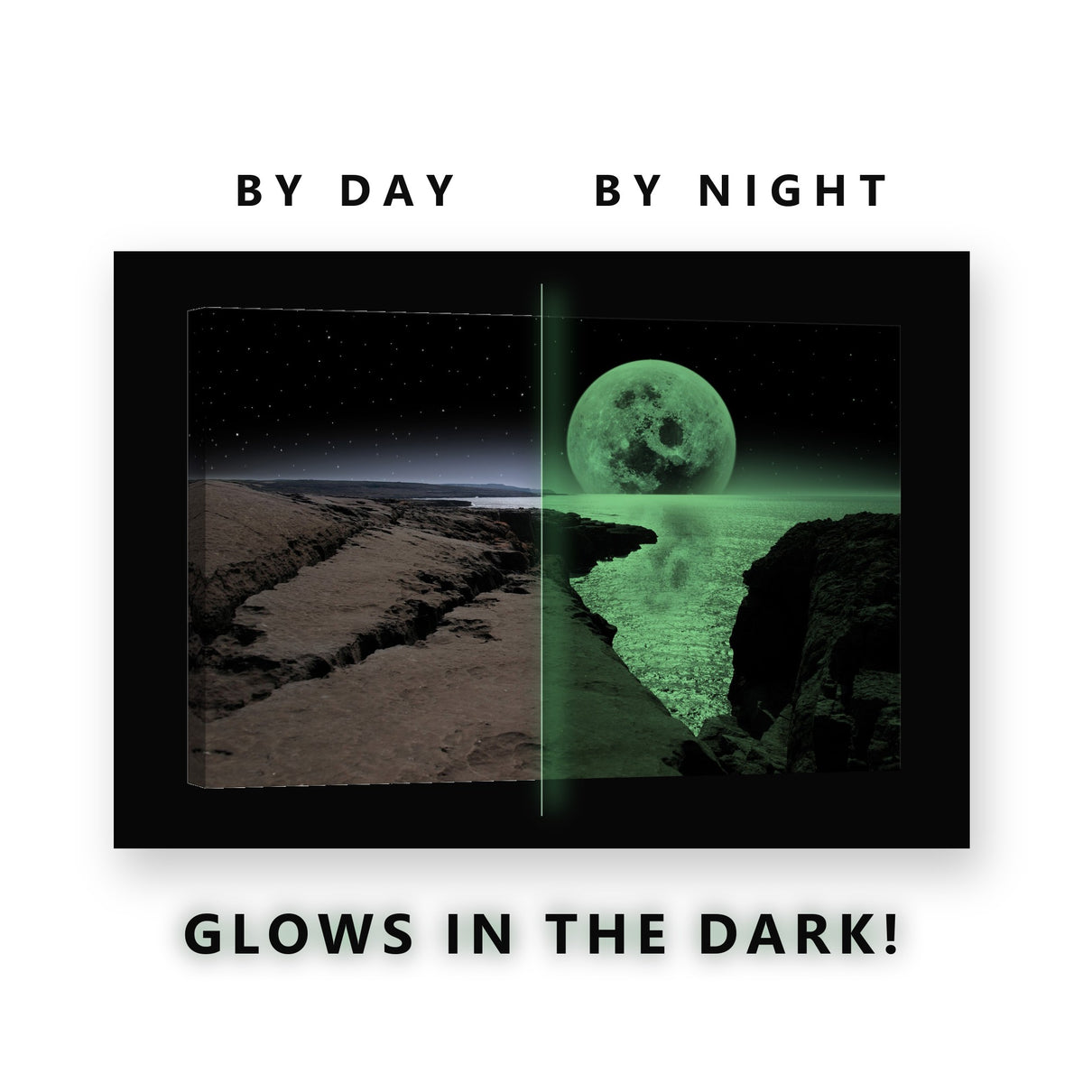 Moon Over the Rocky Coast Glow in the Dark Canvas Wall Art Living Room, glowing at night