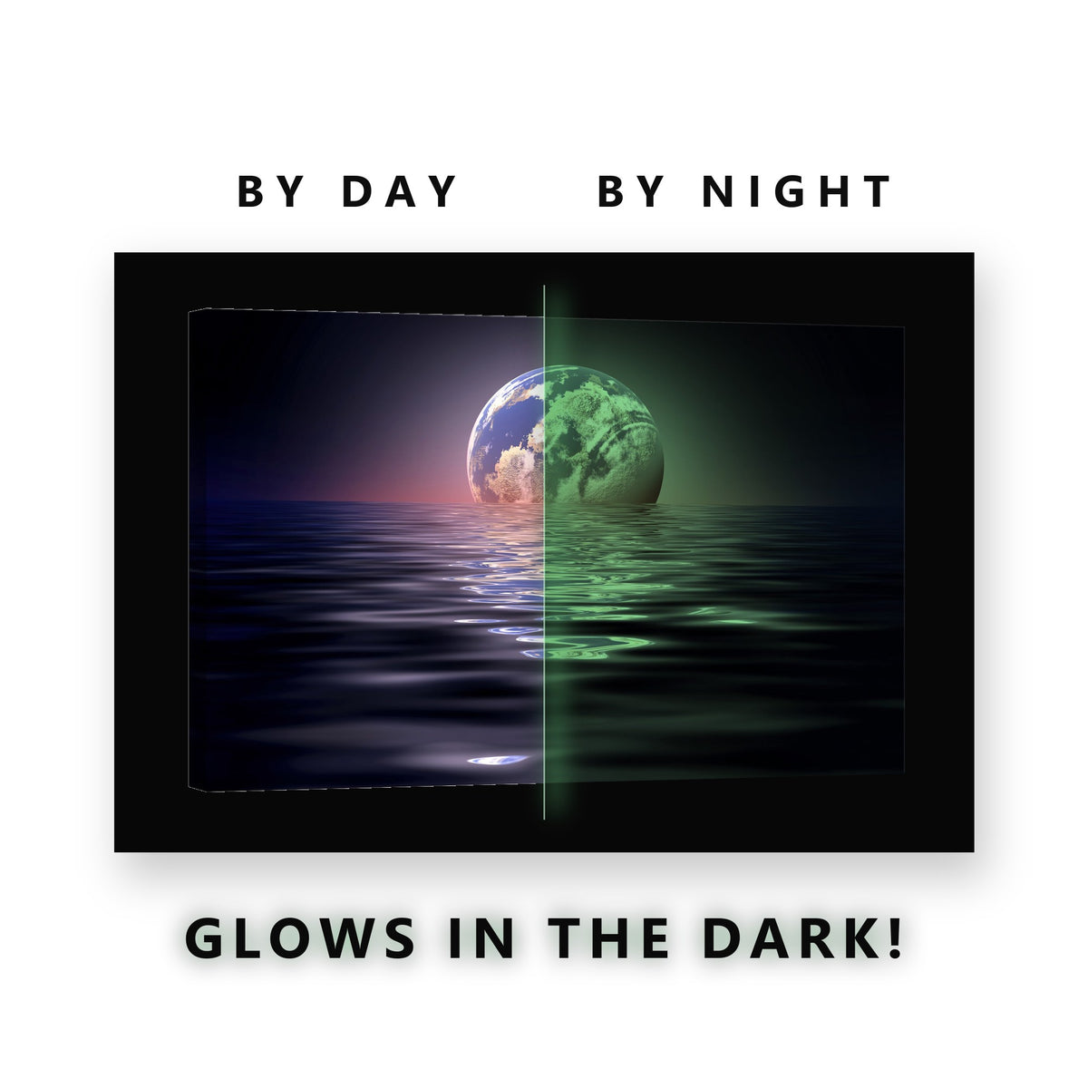 Earth Setting Into the Sea Glow in the Dark Canvas Wall Art Bedroom, glowing at night