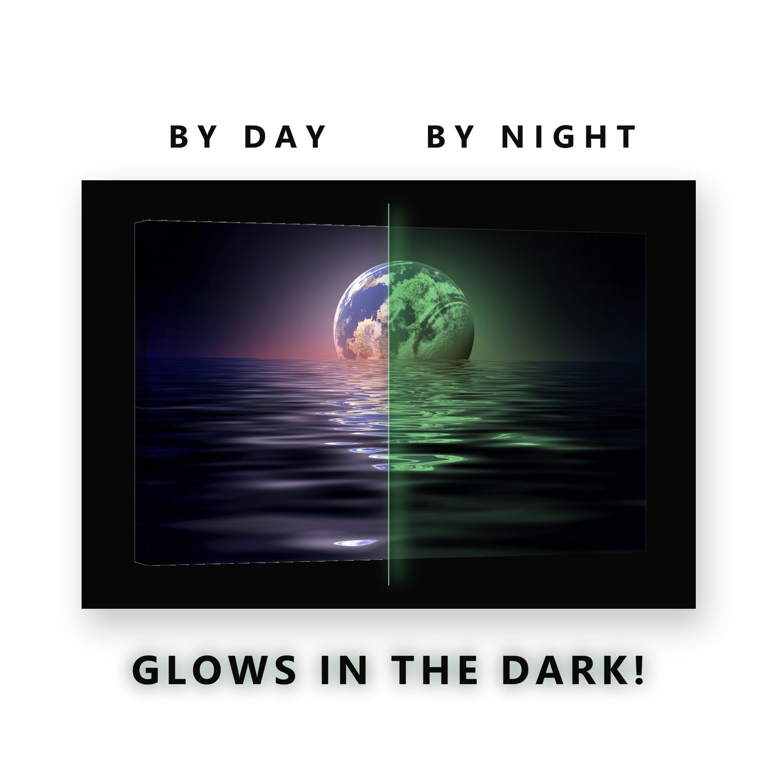 Earth Setting Into the Sea Glow in the Dark Canvas Wall Art Bedroom, glowing at night