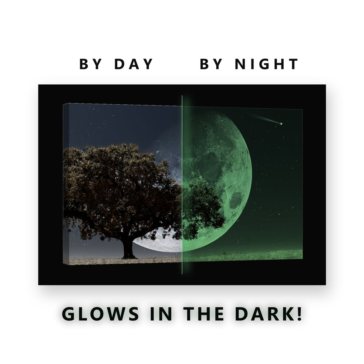Giant Moon Behind an Oak Tree Glow in the Dark Canvas Wall Art Bedroom, glowing at night