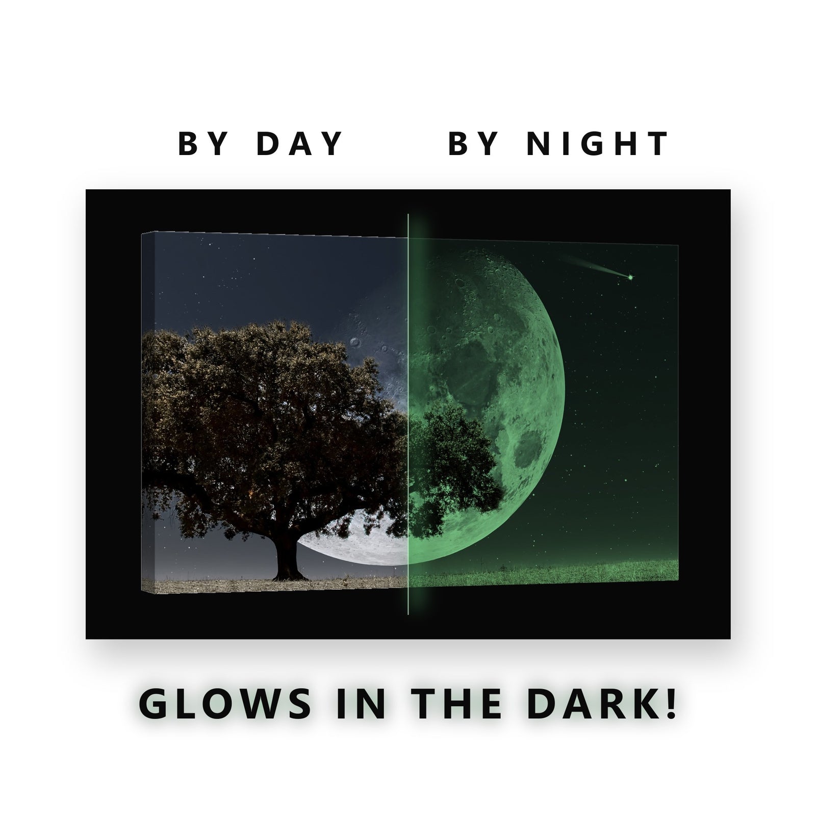Giant Moon Behind an Oak Tree Glow in the Dark Canvas Wall Art Bedroom, glowing at night