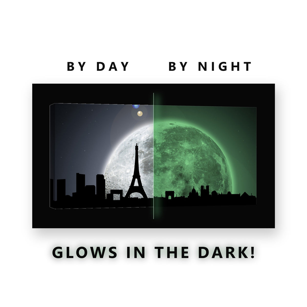 Paris Skyline Against the Moon Glow in the Dark Canvas Wall Art Bedroom, glowing at night