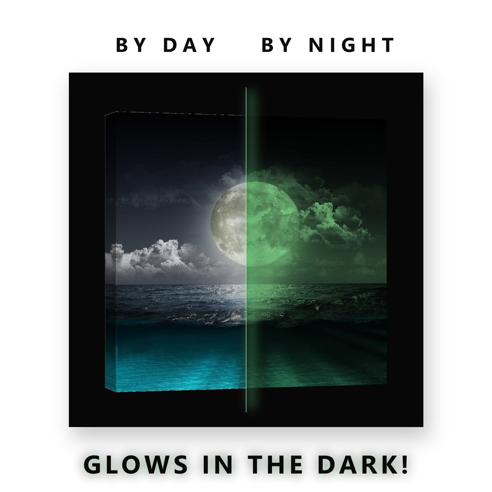 Moon Above and Below the Sea Glow in the Dark Canvas Wall Art Bathroom, glowing at night