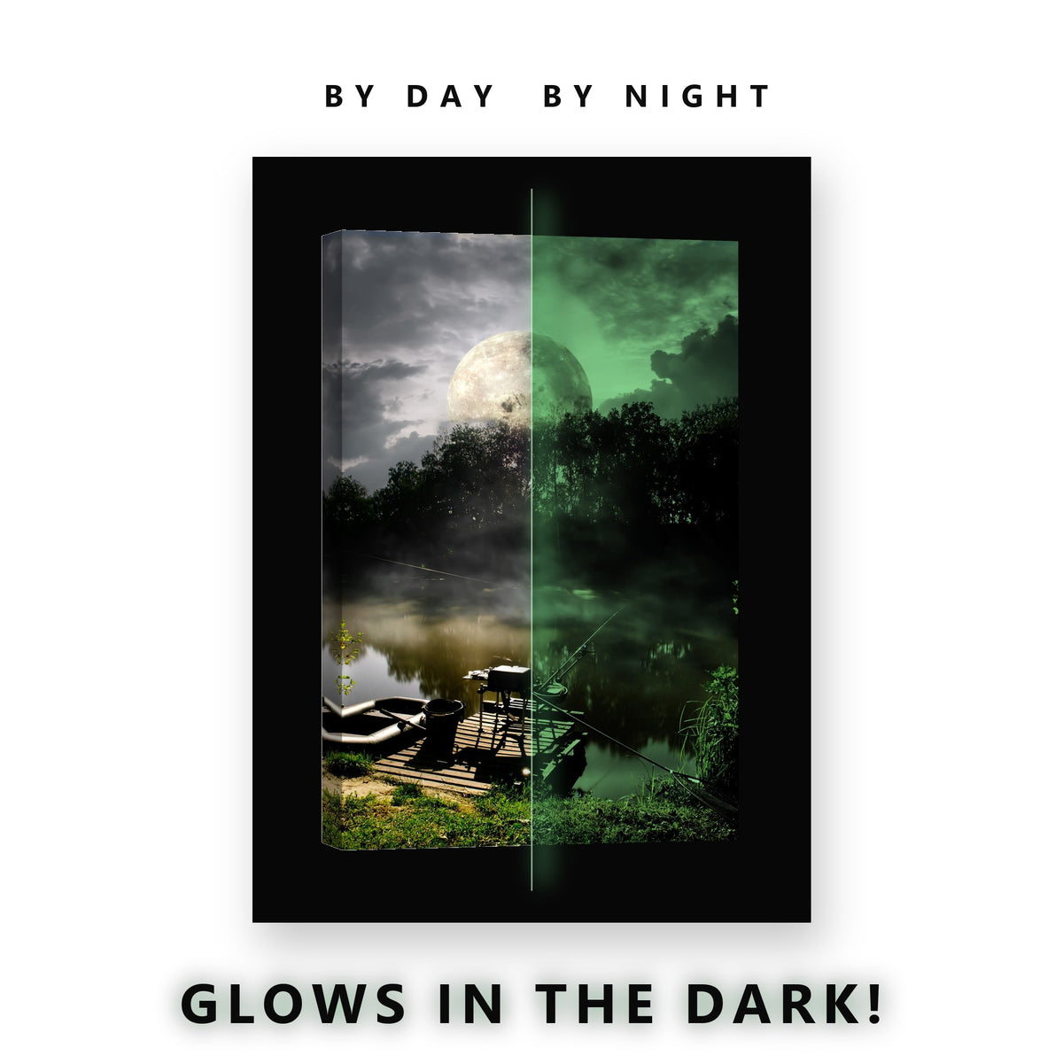 Full Moon Over a Fishing Lake Glow in the Dark Canvas Wall Art Man Cave, glowing at night