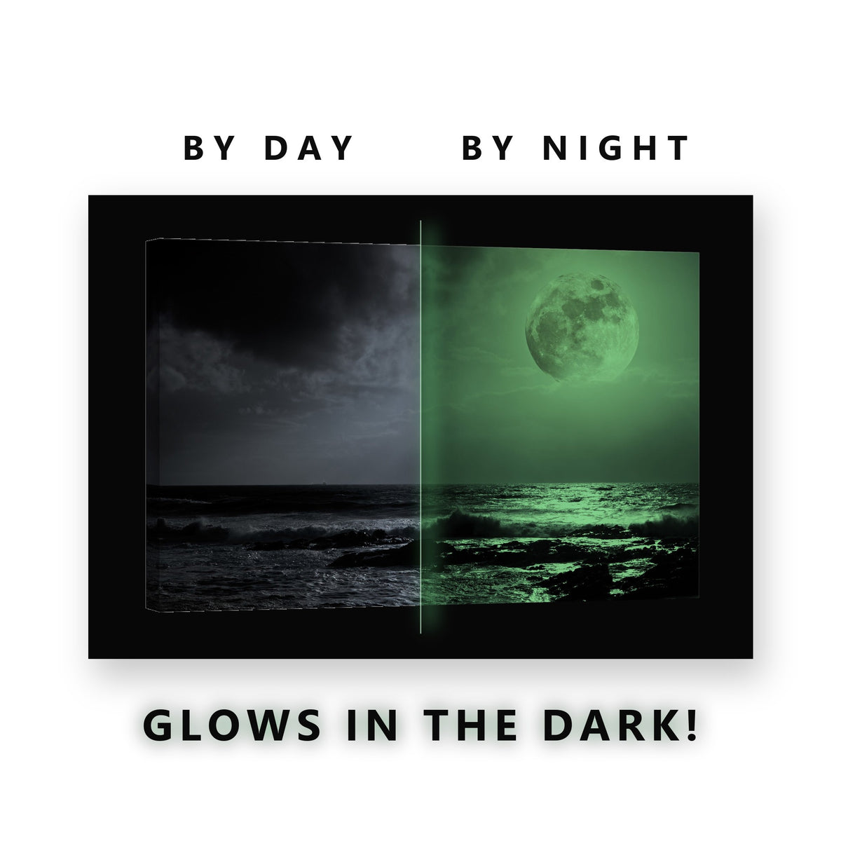 Moon Over a Stormy Sea Glow in the Dark Canvas Wall Art for Living Room, glowing at night
