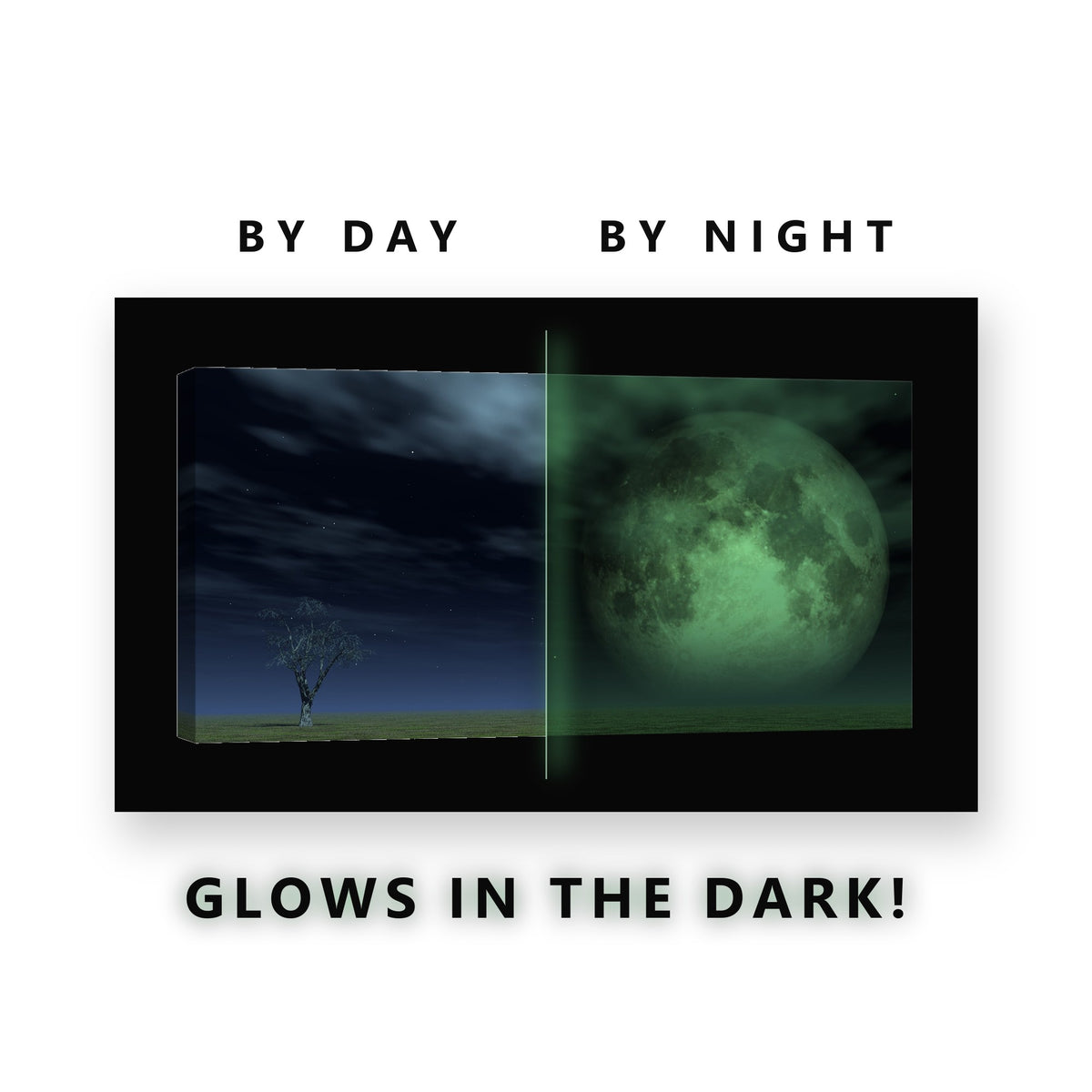 Giant Moon Over a Green Field Glow in the Dark Canvas Wall Art Bedroom, glowing at night