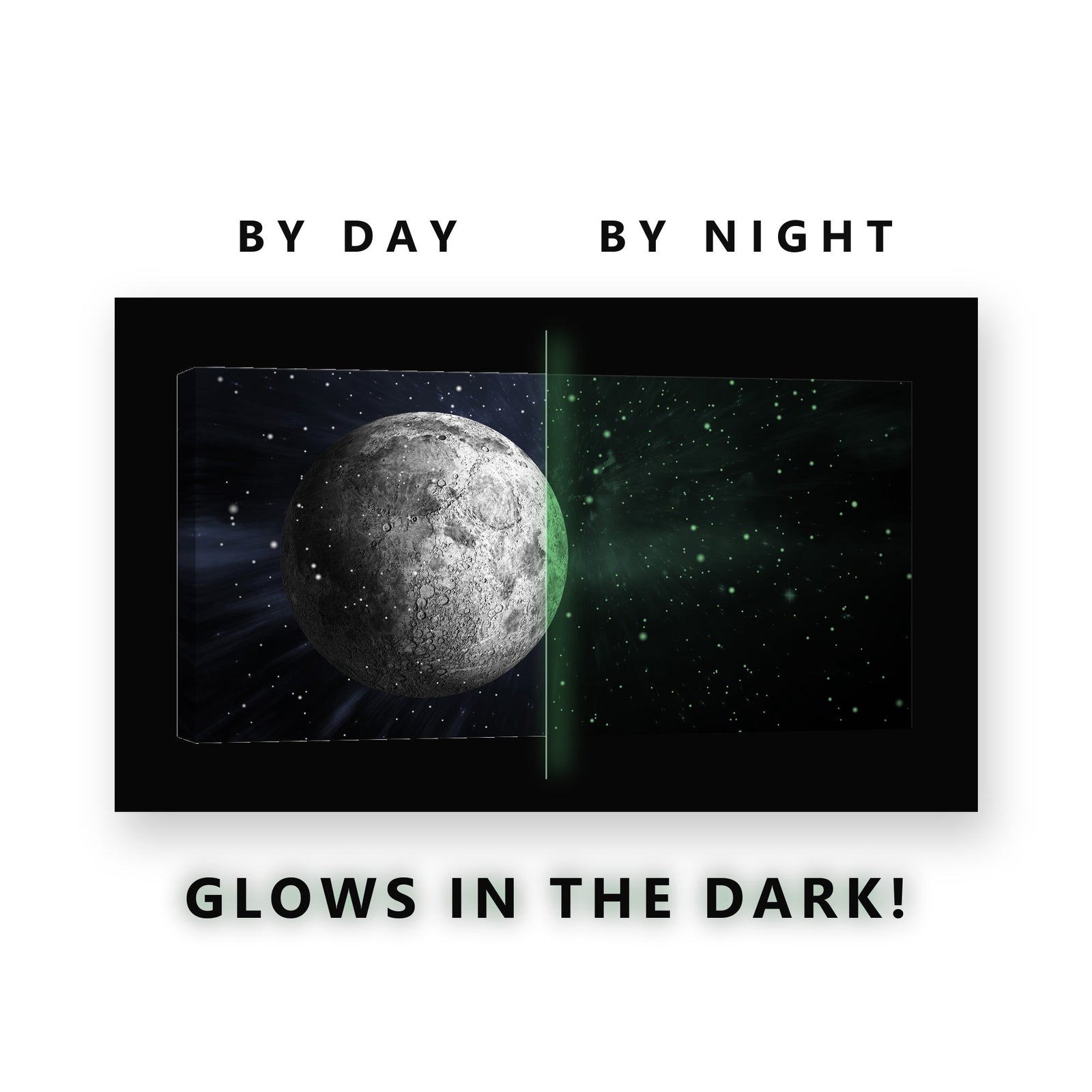 Grey Moon in Deep Space Glow in the Dark Canvas Wall Art Home Office, glowing at night