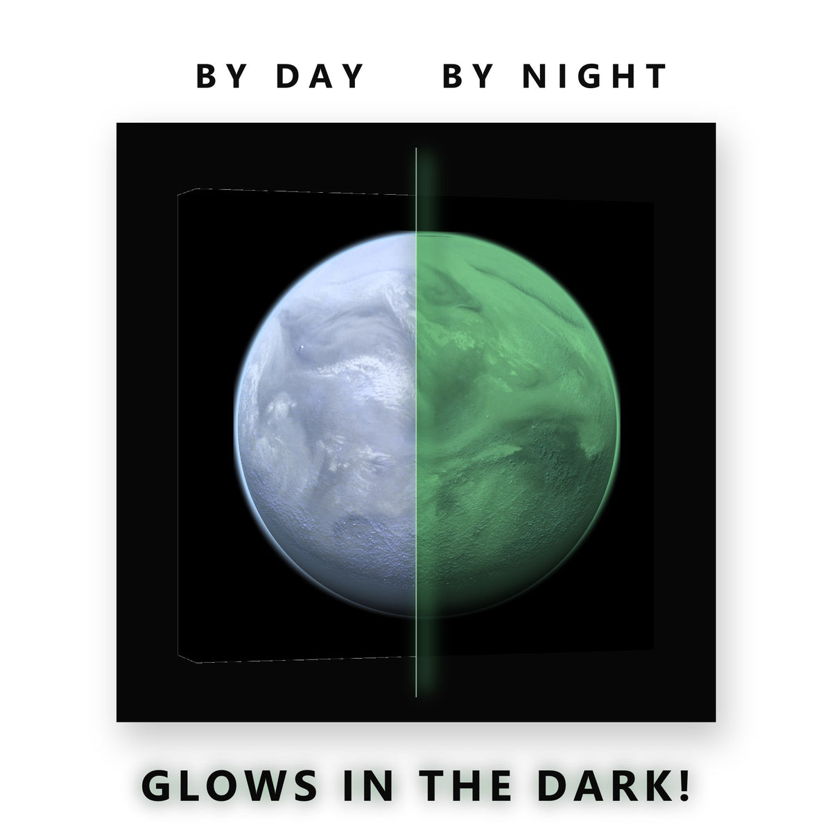 Ice Planet on Black Glow in the Dark Canvas Wall Art for Home Office, glowing at night