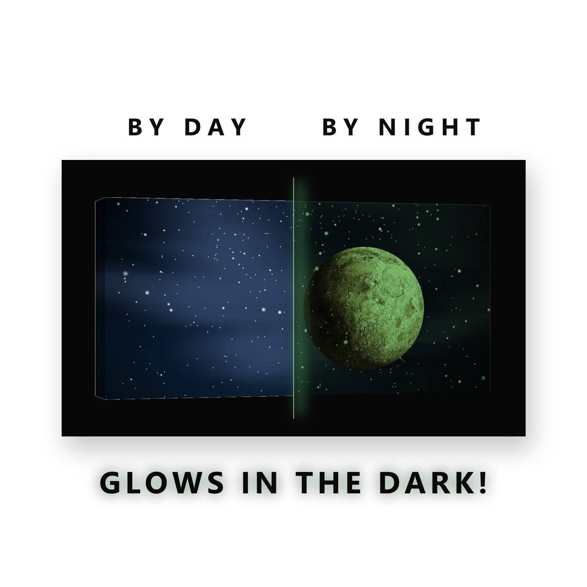 Golden Planet in Blue Space Glow in the Dark Canvas Wall Art Kids Room, glowing at night