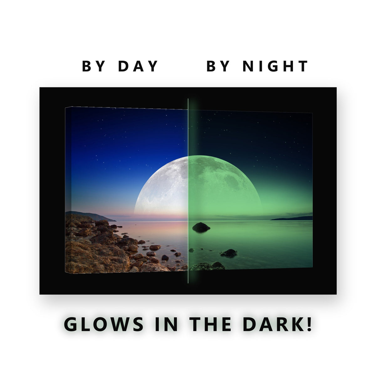 Moon Rising Over a Quiet Bay Glow in the Dark Canvas Wall Art Bedroom, glowing at night