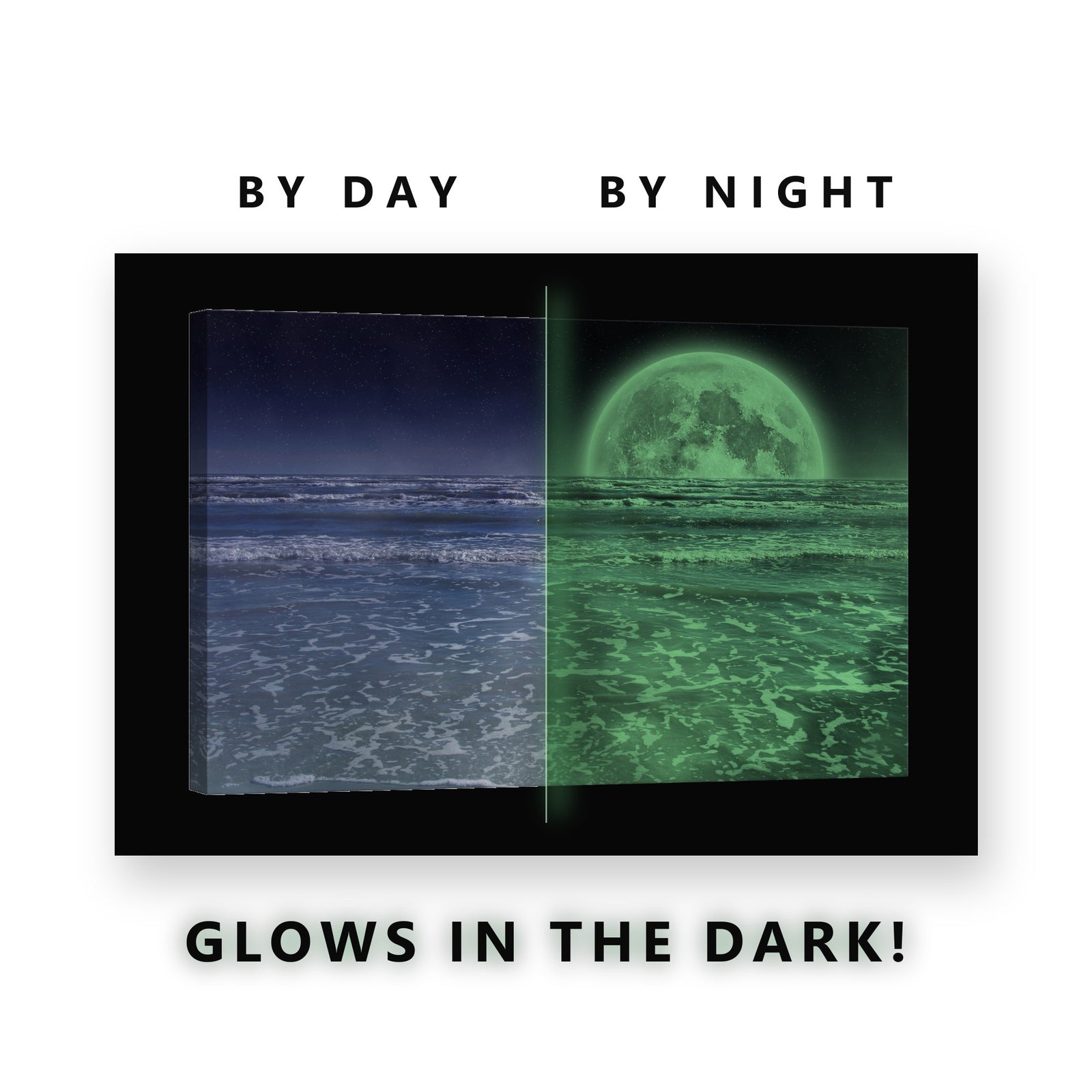 Moon Over a Foaming Sea Glow in the Dark Canvas Wall Art for Bathroom, glowing at night