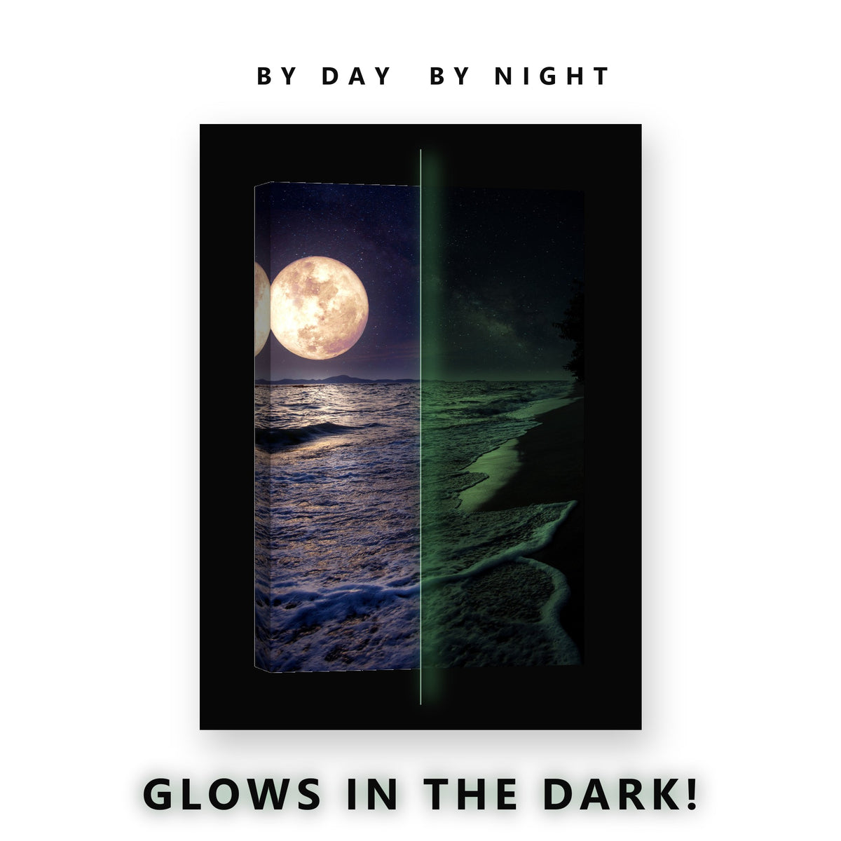 Moon and Milky Way Over Beach Glow in the Dark Canvas Wall Art Bedroom, glowing at night
