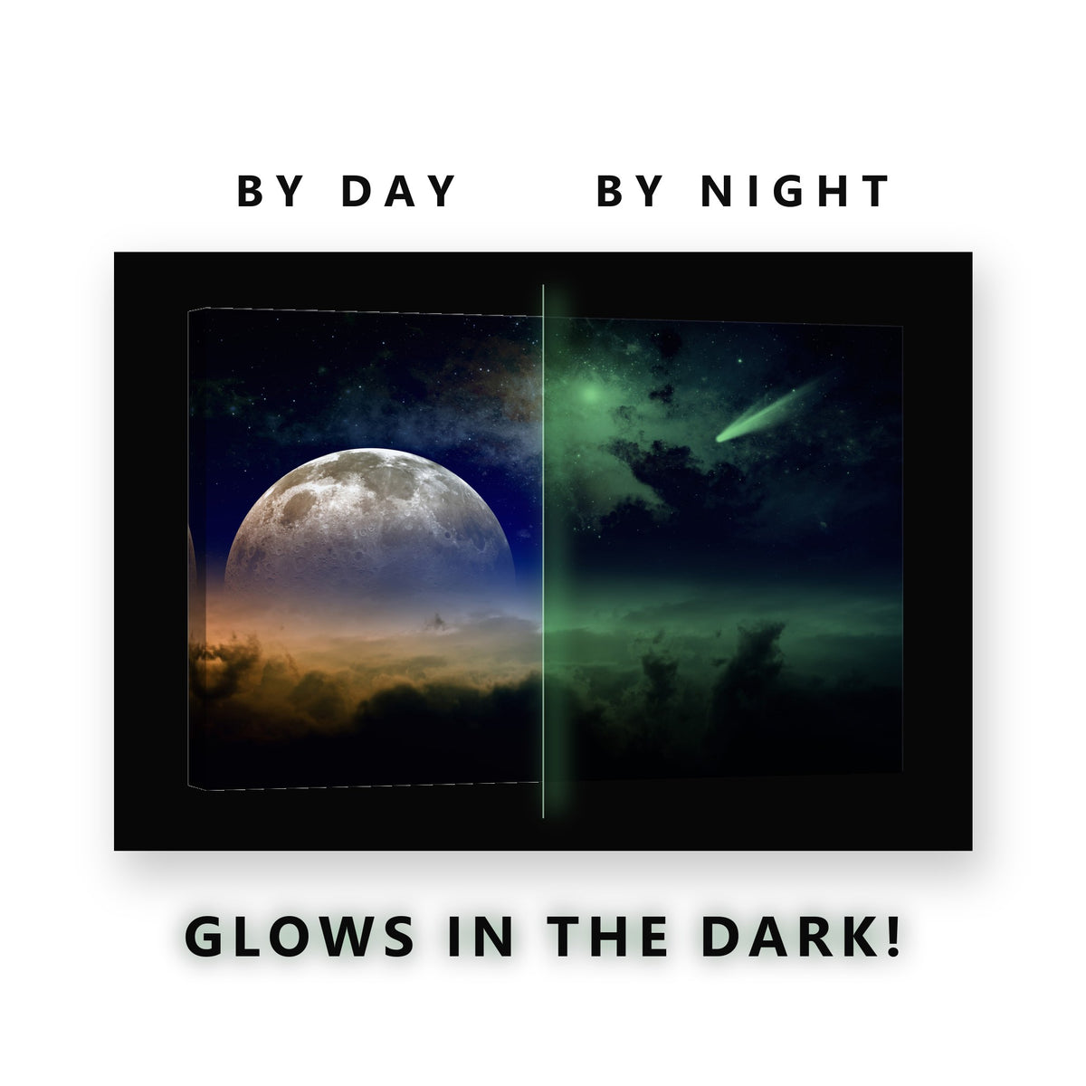 Moon and Comet Above Clouds Glow in the Dark Canvas Wall Art Kids Room, glowing at night