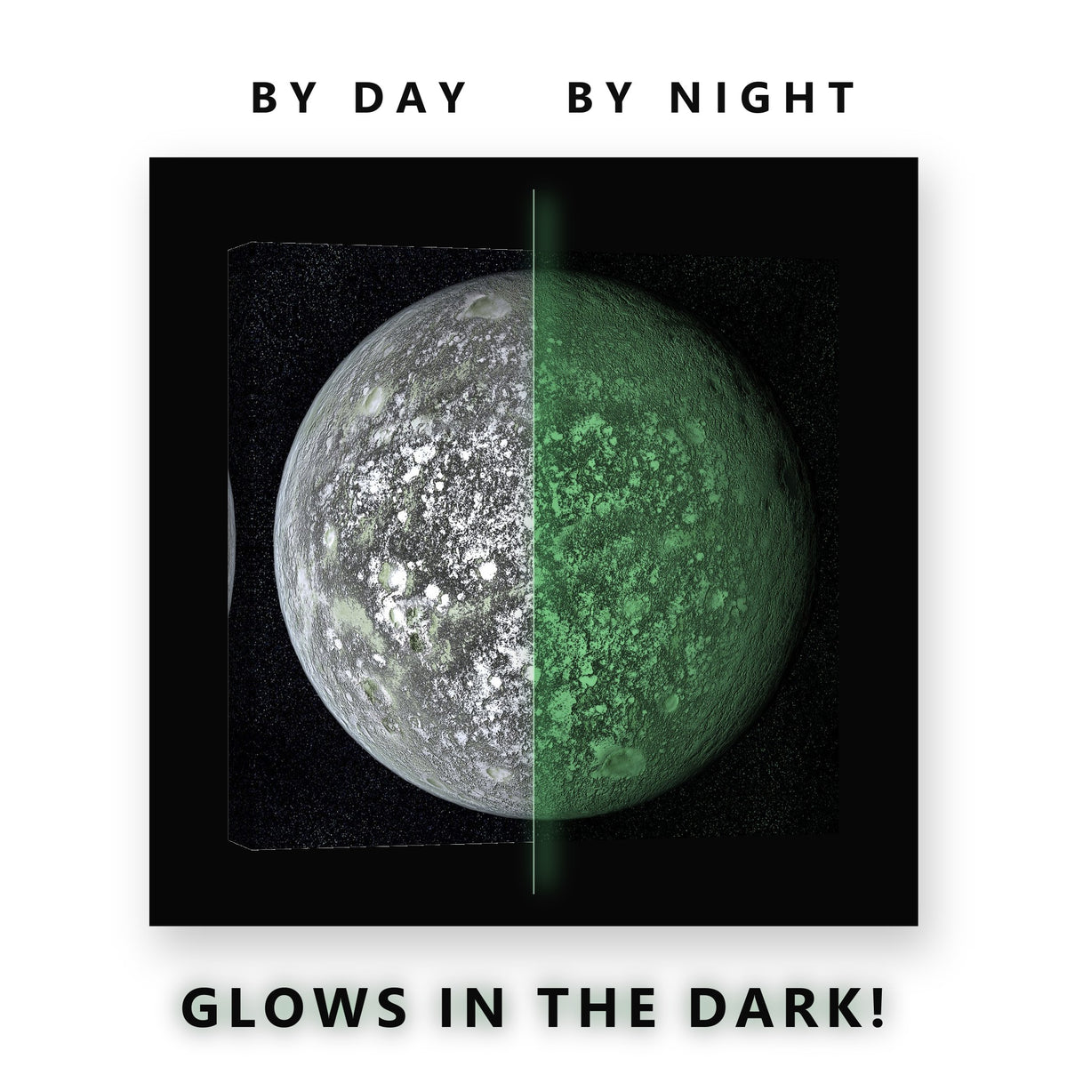Cratered Dwarf Planet Glow in the Dark Canvas Wall Art for Home Office, glowing at night
