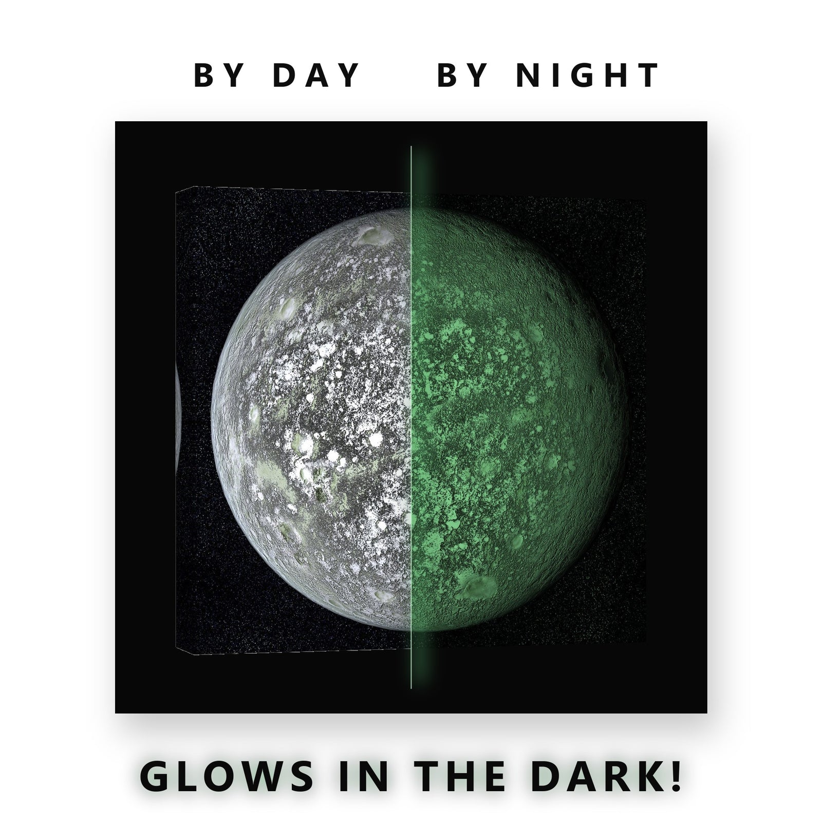 Cratered Dwarf Planet Glow in the Dark Canvas Wall Art for Home Office, glowing at night