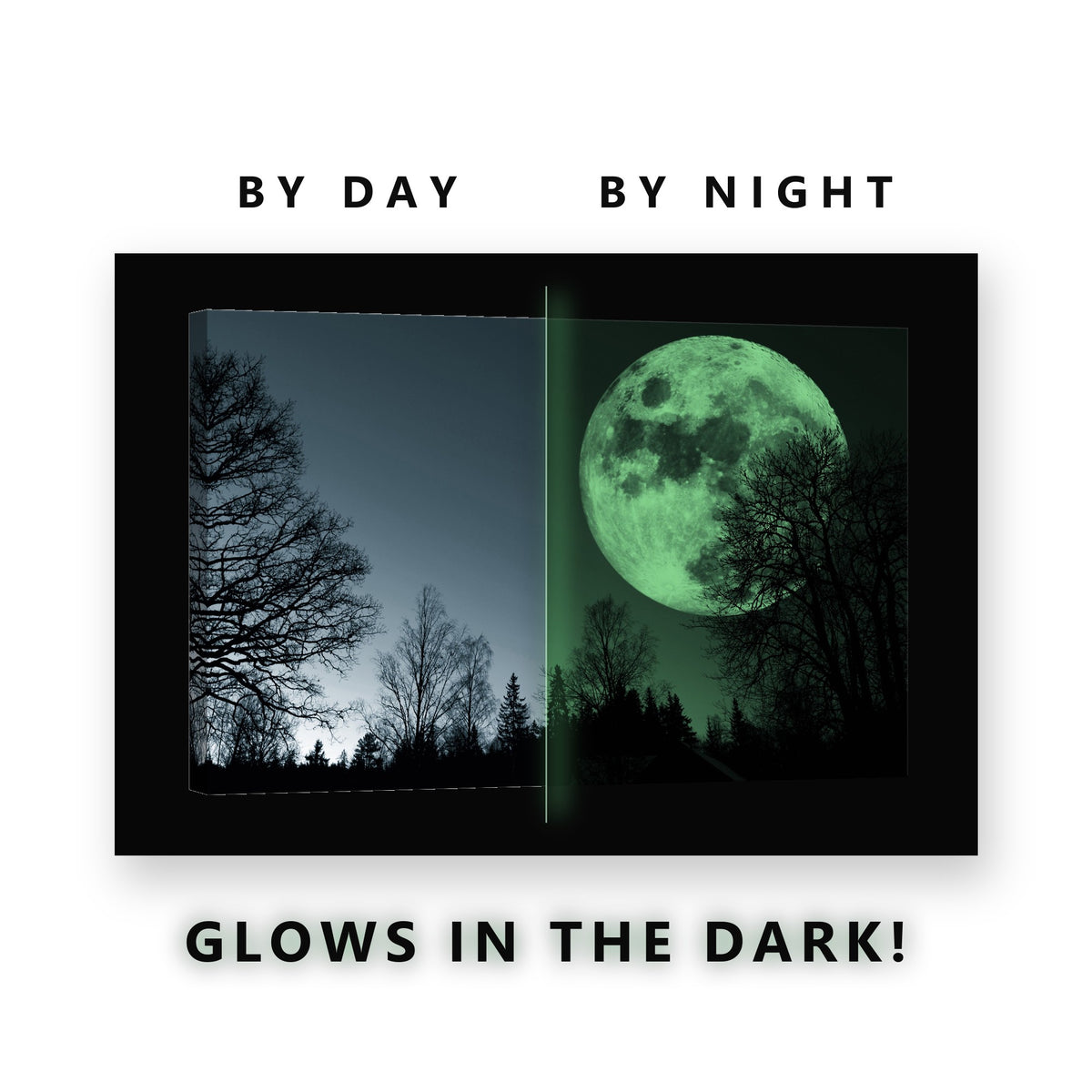 Winter Moon Behind Bare Trees Glow in the Dark Canvas Wall Art Bedroom, glowing at night
