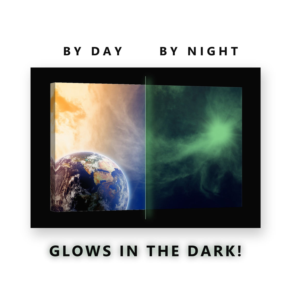 Earth and Sunburst Glow in the Dark Canvas Wall Art for Living Room, glowing at night