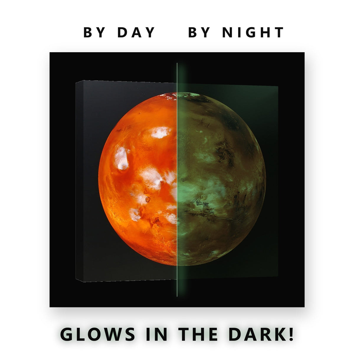 Mars the Red Planet Glow in the Dark Canvas Wall Art for Kids Room, glowing at night
