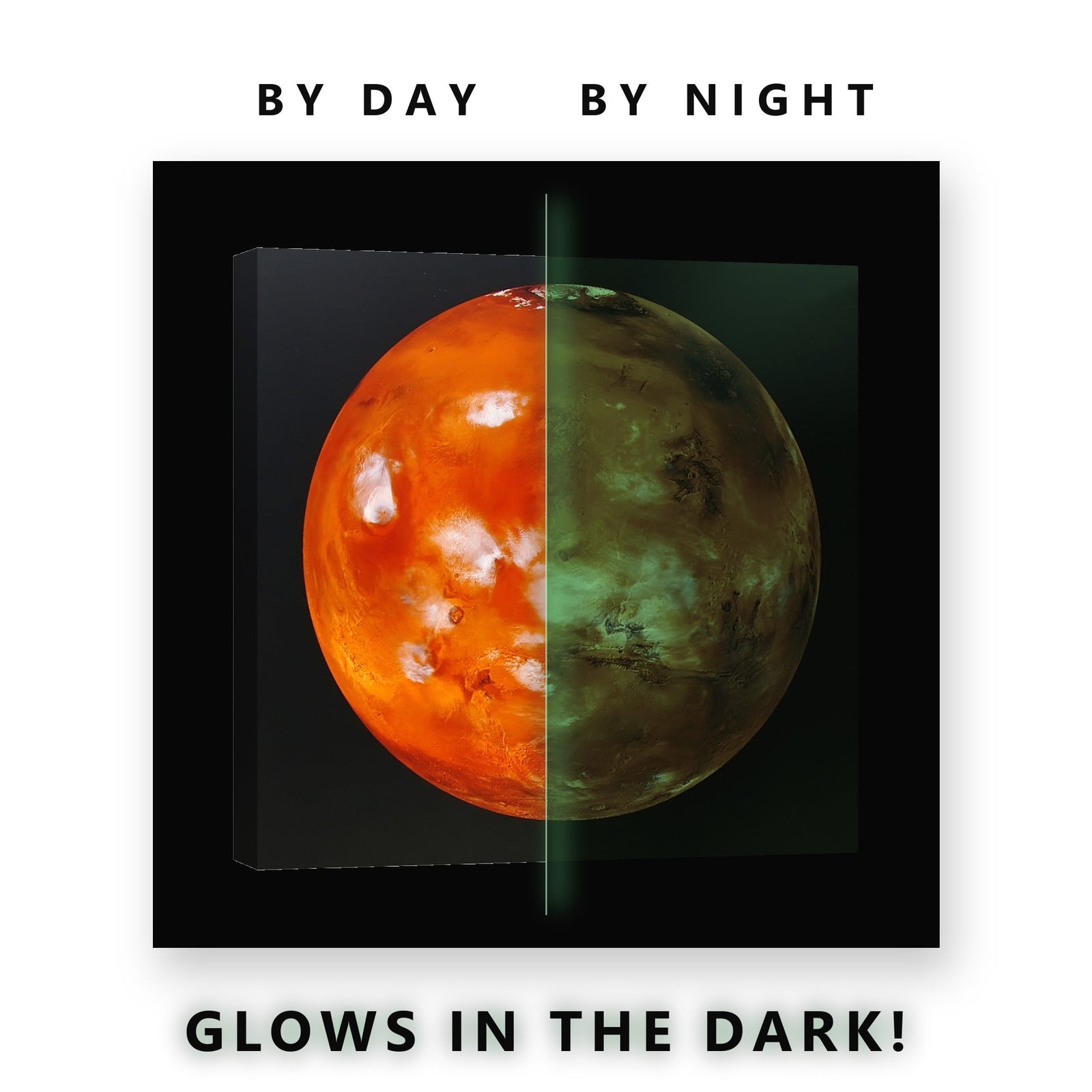 Mars the Red Planet Glow in the Dark Canvas Wall Art for Kids Room, glowing at night