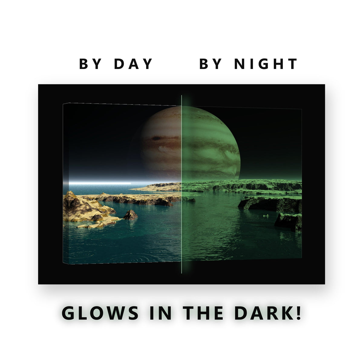 Jupiter Over an Alien Sea Glow in the Dark Canvas Wall Art Living Room, glowing at night