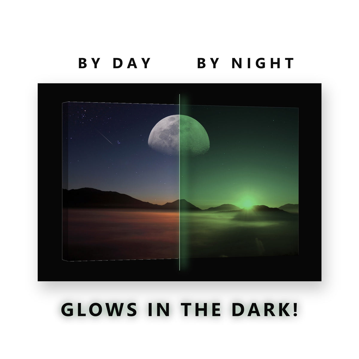 Moon Above a Sea of Cloud Glow in the Dark Canvas Wall Art Living Room, glowing at night