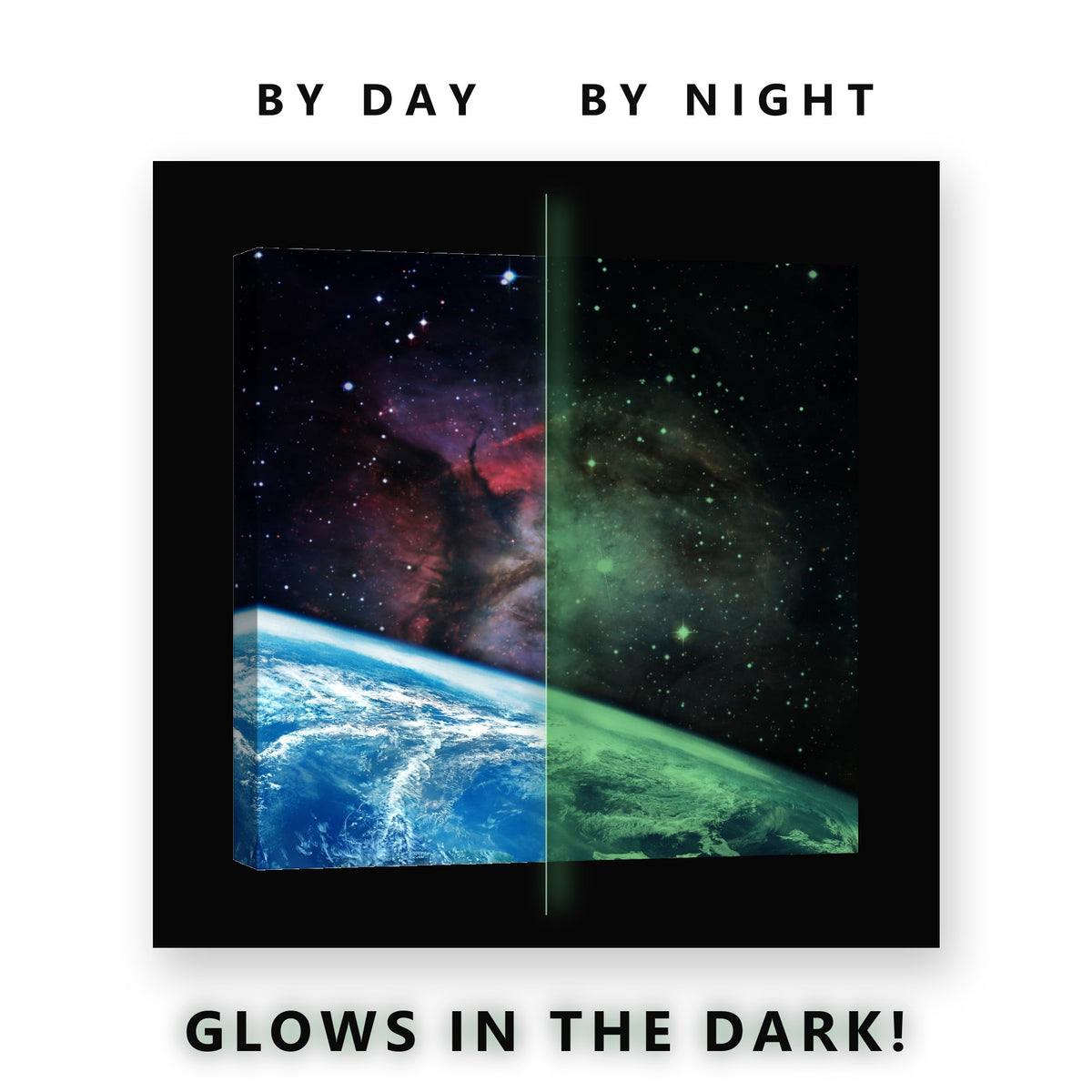 Earth and a Crimson Nebula Glow in the Dark Canvas Wall Art Kids Room, glowing at night