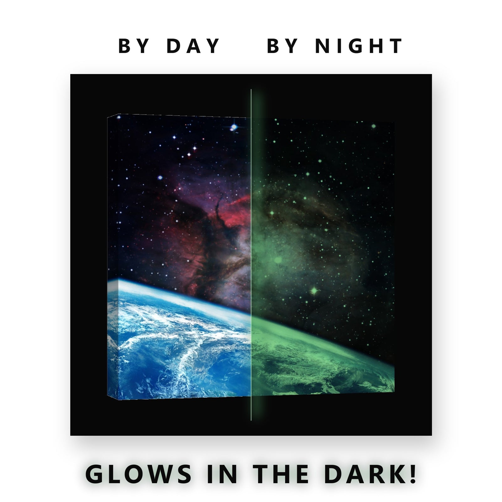 Earth and a Crimson Nebula Glow in the Dark Canvas Wall Art Kids Room, glowing at night