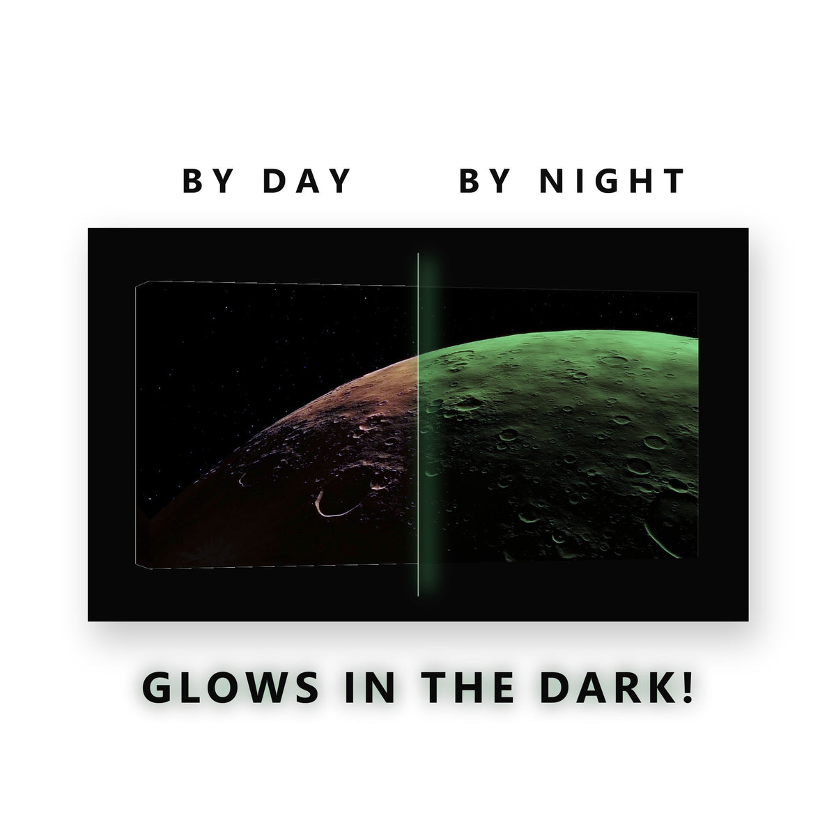 Cratered Planet Horizon Glow in the Dark Canvas Wall Art Home Office, glowing at night