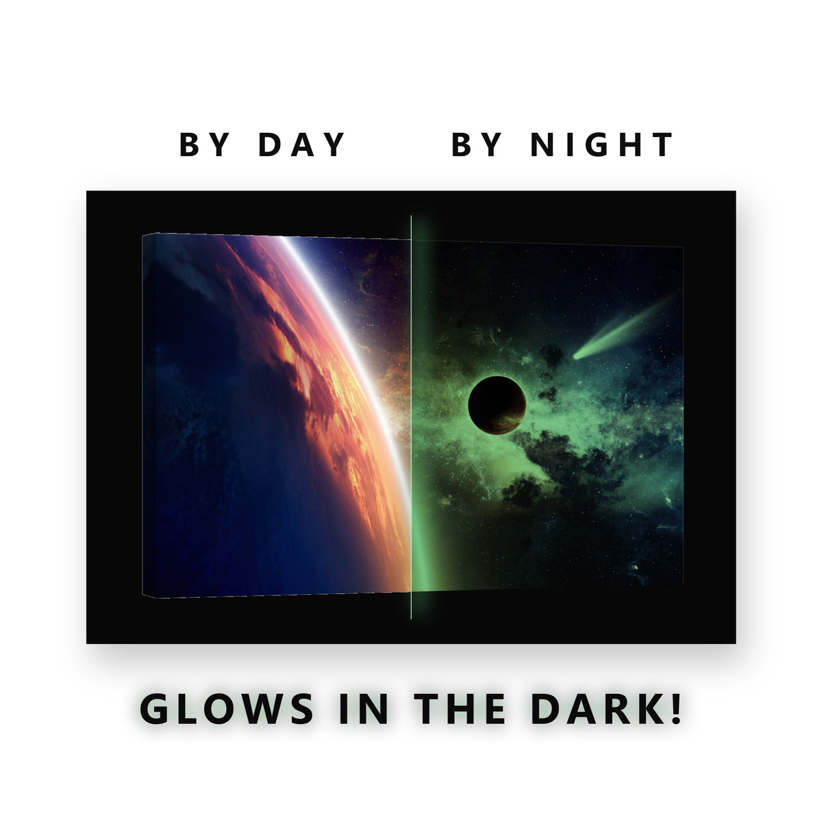 Eclipse and Comet in Deep Space Glow in the Dark Canvas Wall Art Kids, glowing at night