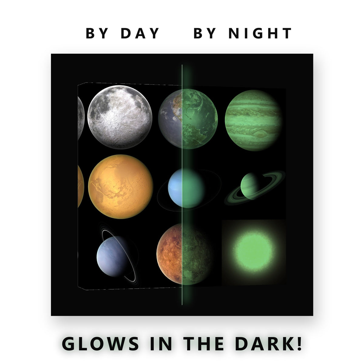 Solar System Planets Chart Glow in the Dark Canvas Wall Art Kids Room, glowing at night