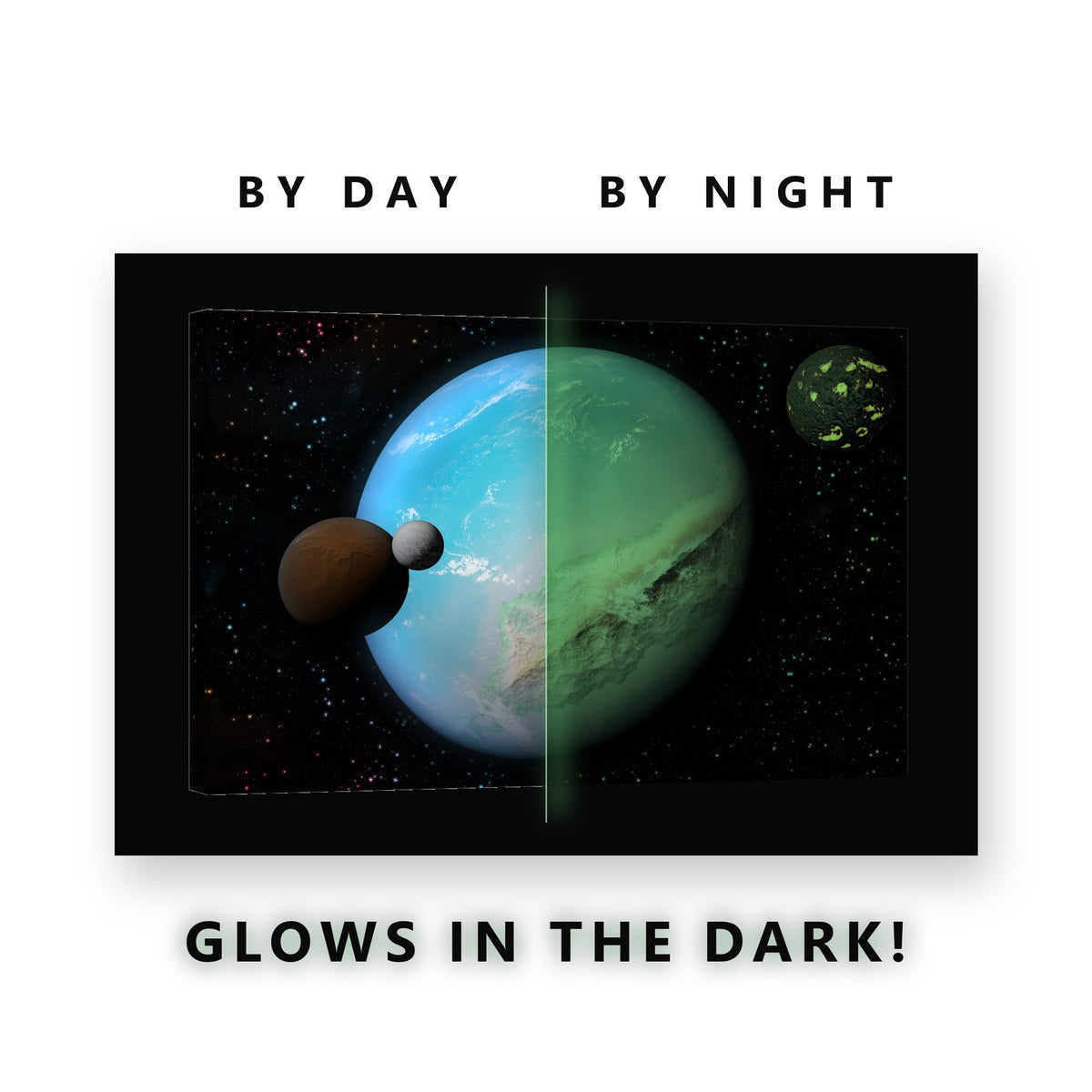 Blue Planet With Two Moons Glow in the Dark Canvas Wall Art Kids Room, glowing at night