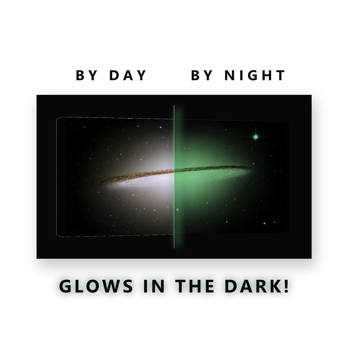 Edge On Galaxy in Deep Space Glow in the Dark Canvas Wall Art Office, glowing at night