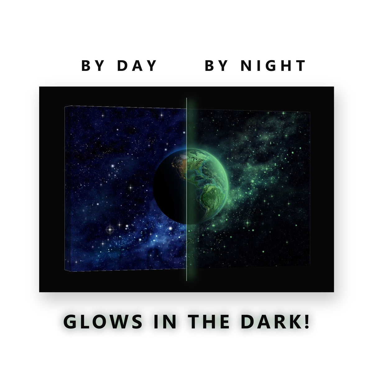Earth in a Blue Starfield Glow in the Dark Canvas Wall Art Kids Room, glowing at night
