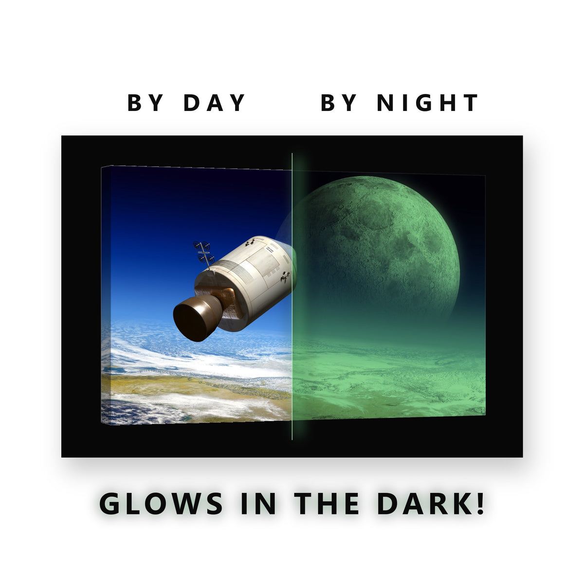 Space Capsule and the Moon Glow in the Dark Canvas Wall Art Kids Room, glowing at night