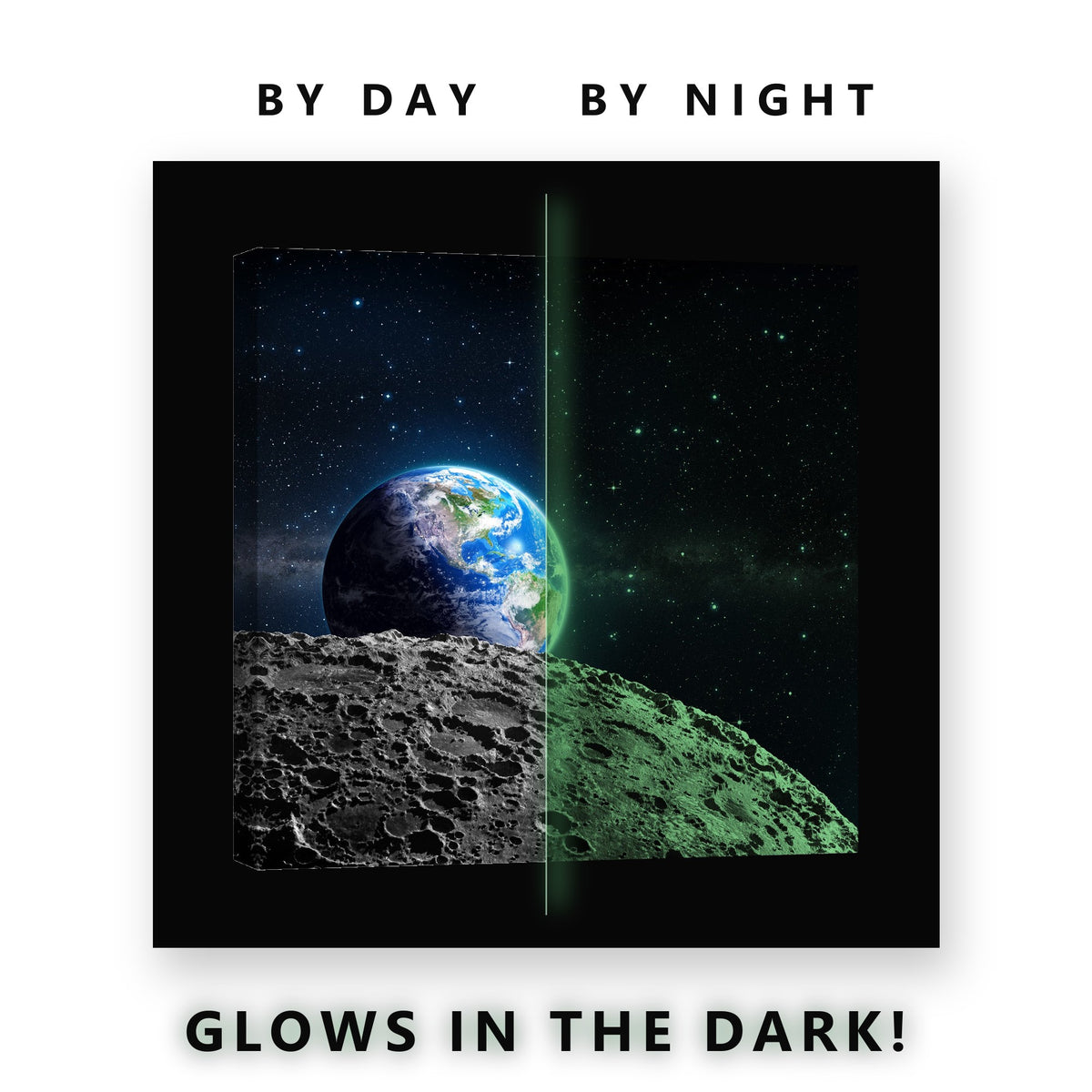 Earth Over the Lunar Horizon Glow in the Dark Canvas Wall Art Kids Room, glowing at night