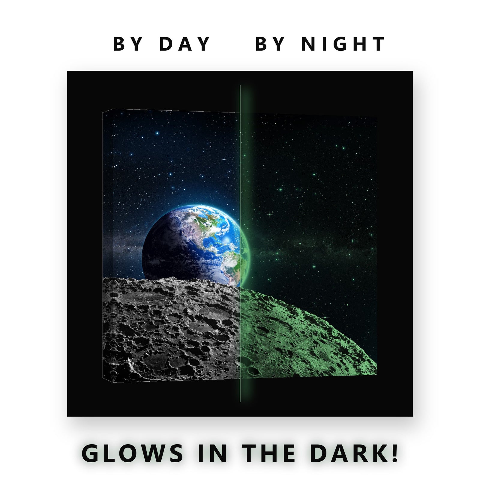 Earth Over the Lunar Horizon Glow in the Dark Canvas Wall Art Kids Room, glowing at night