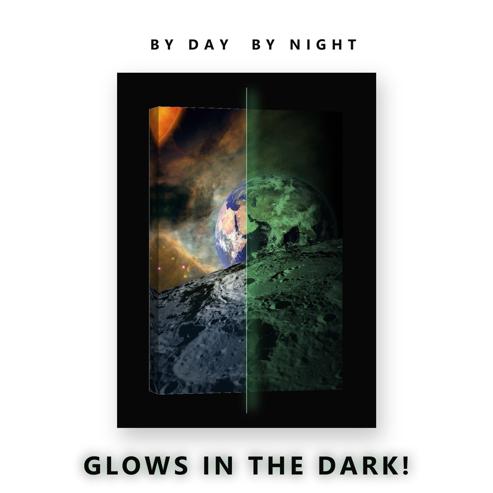 Earth From the Moon With Nebula Glow in the Dark Canvas Wall Art Kids, glowing at night