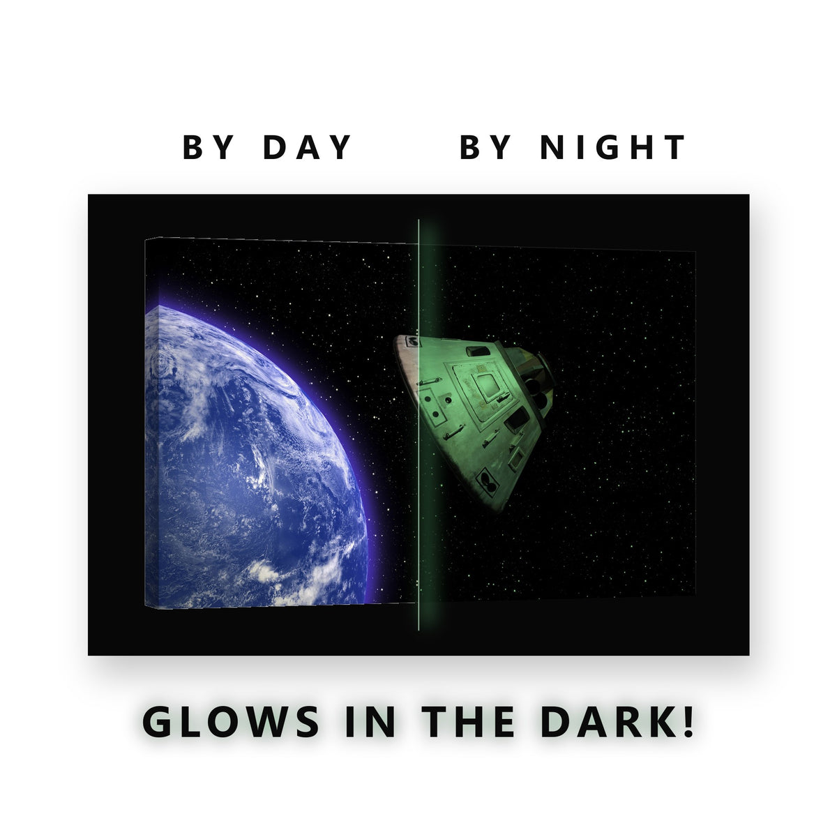 Command Module Over Earth Glow in the Dark Canvas Wall Art Home Office, glowing at night