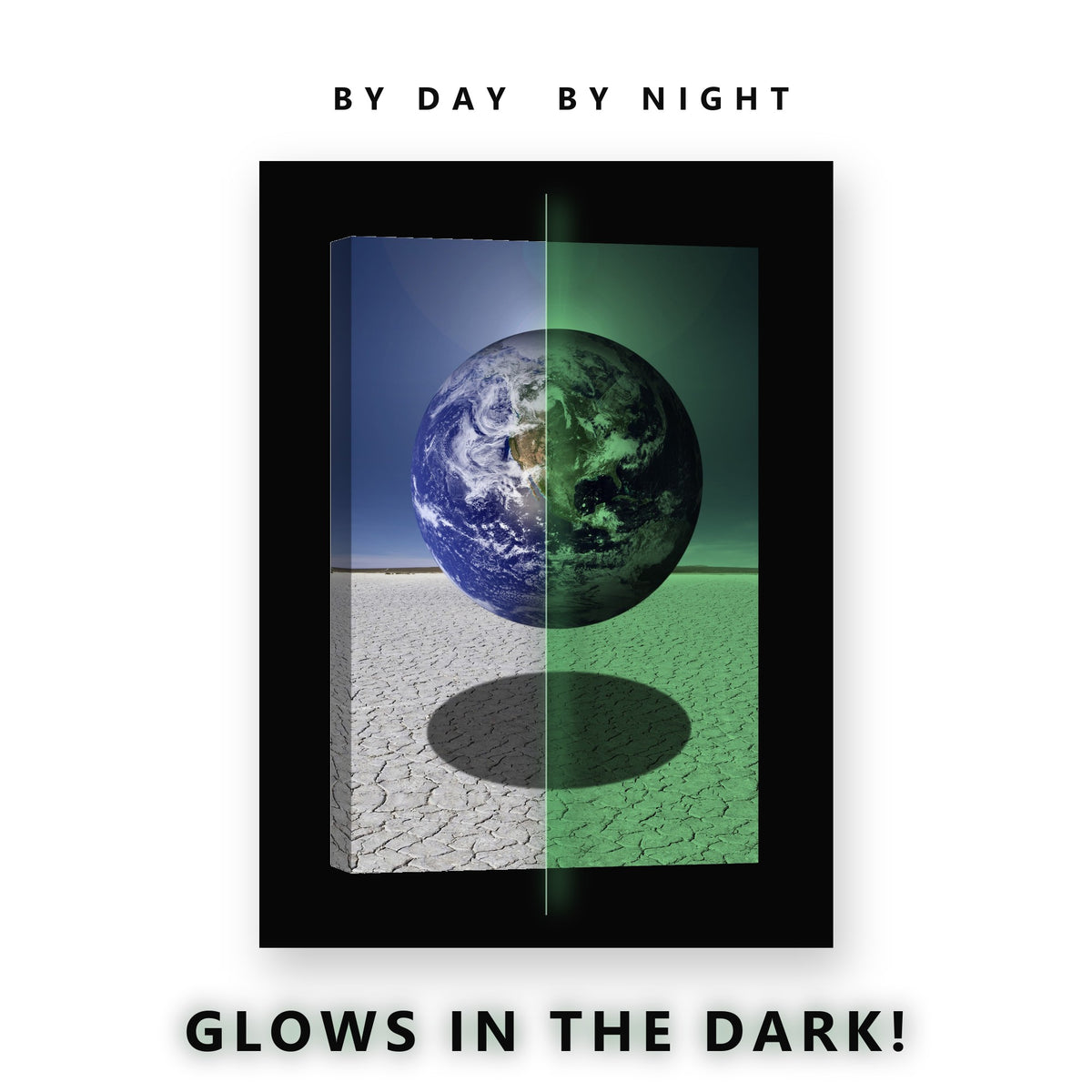 Earth Above a Cracked Desert Glow in the Dark Canvas Wall Art Office, glowing at night