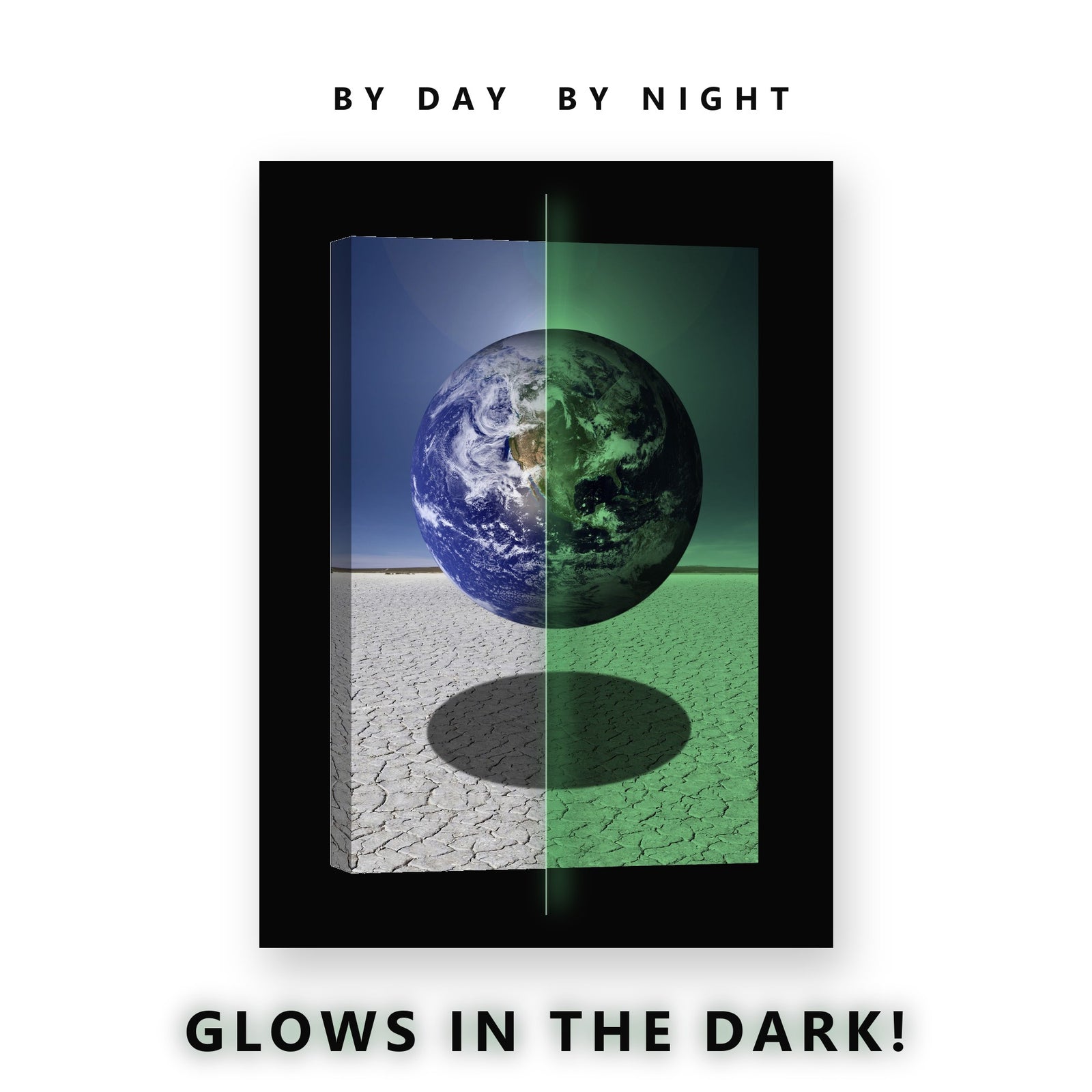 Earth Above a Cracked Desert Glow in the Dark Canvas Wall Art Office, glowing at night