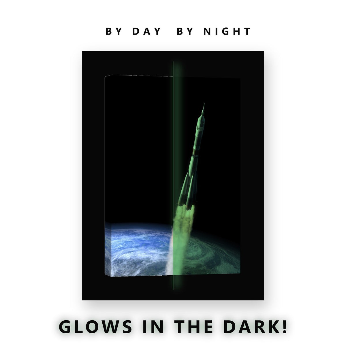 Rocket Launch Into Space Glow in the Dark Canvas Wall Art for Kids Room, glowing at night