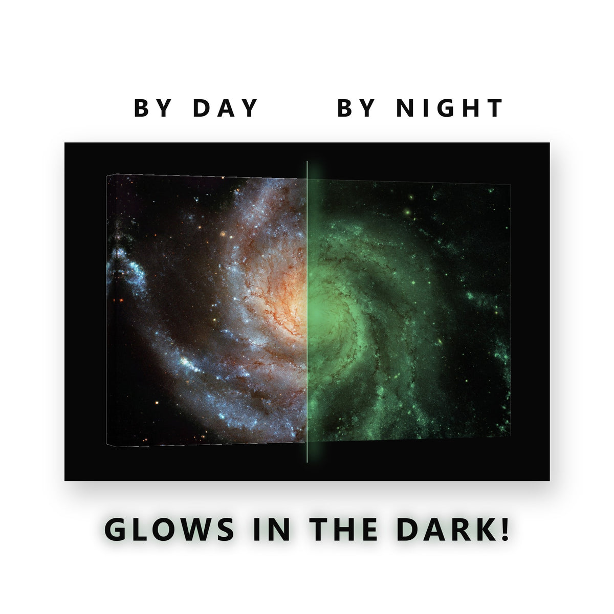Pinwheel Spiral Galaxy Glow in the Dark Canvas Wall Art Home Office, glowing at night